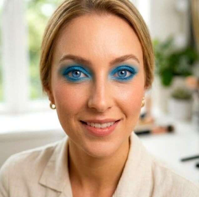 Belle femme blonde qui applique un fard bleu sur des yeux bleus