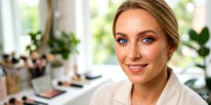 Femme aux yeux bleus dans un salon de maquillage