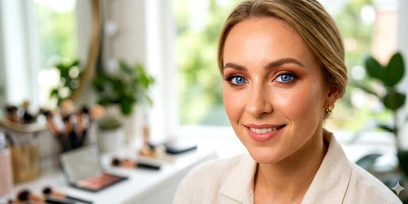 Femme aux yeux bleus dans un salon de maquillage