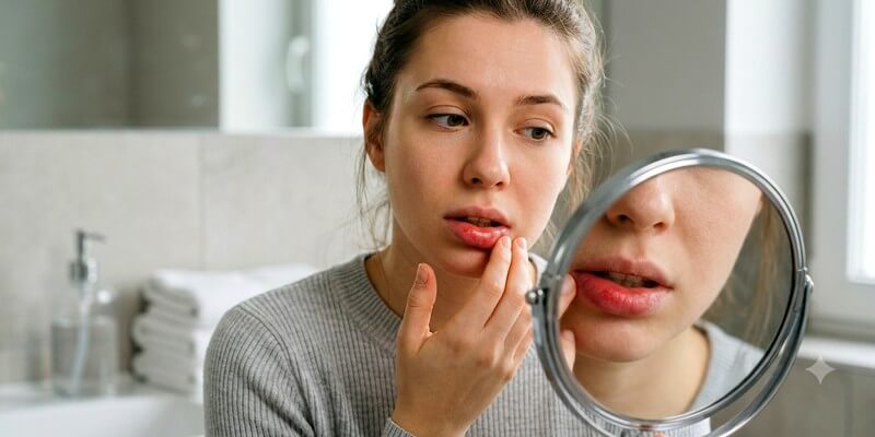 Jeune fille qui regarde ses lèvres gonflées dans le miroir