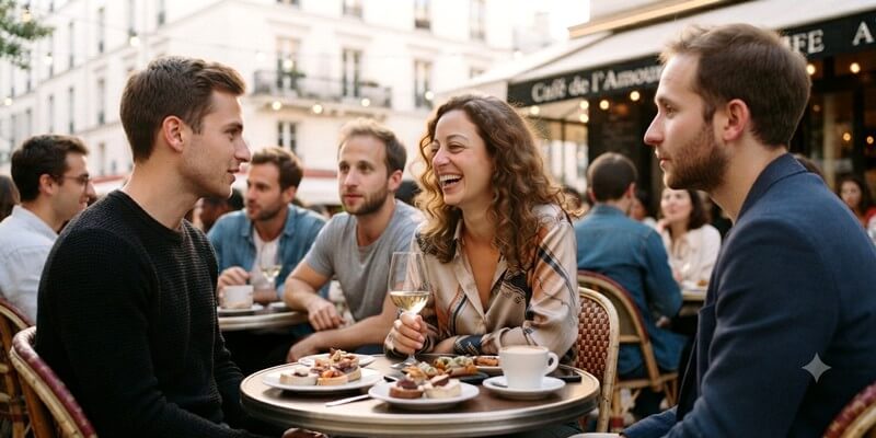 Femme rigolant avec son homme sur la terrasse