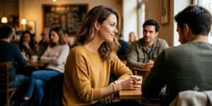 Jeune femme au café avec un homme