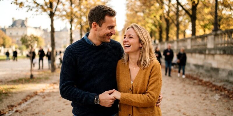 Un jeune homme avec une belle femme blonde en promenade