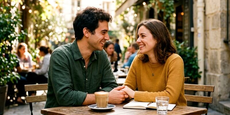 Couple souriant sur une terrasse