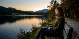 Femme seule en face d'un lac