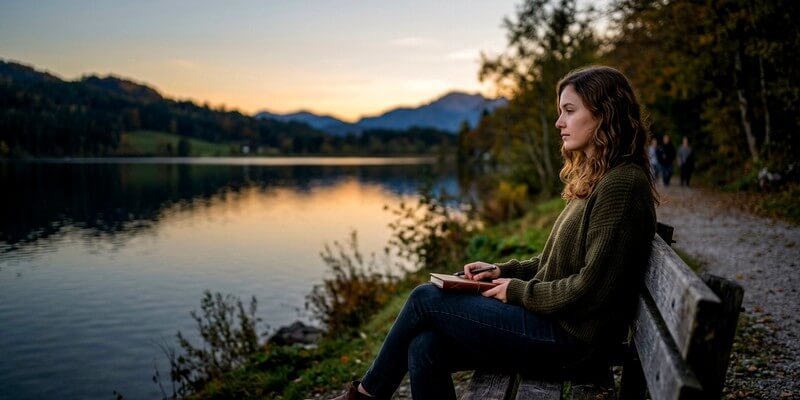 Femme seule en face d'un lac