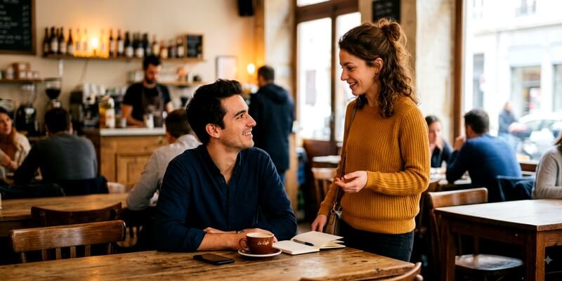 Jeune femme qui aborde un homme au bar