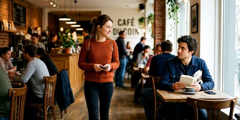 Jeune femme qui veut aborder un homme au café